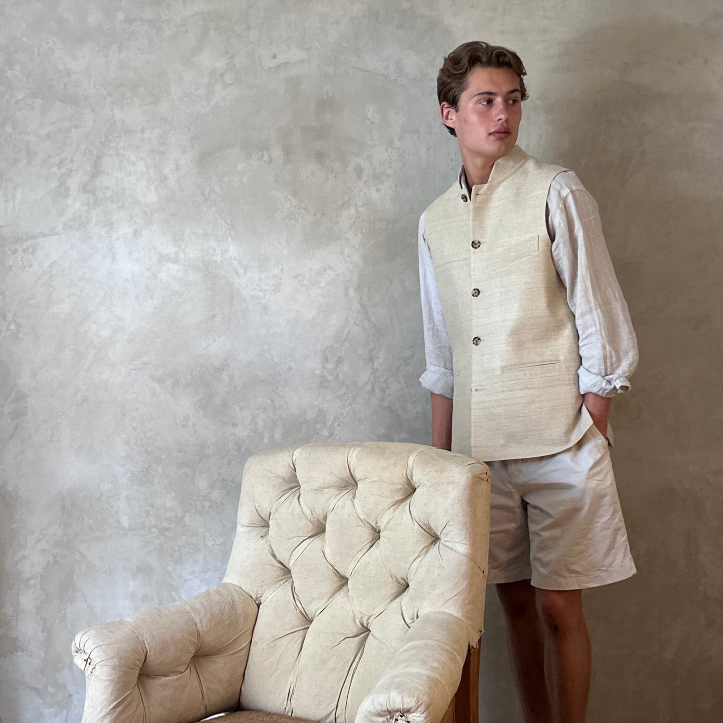 38" Classic Cut Waistcoat in Pale Sand Coloured Silk Matka