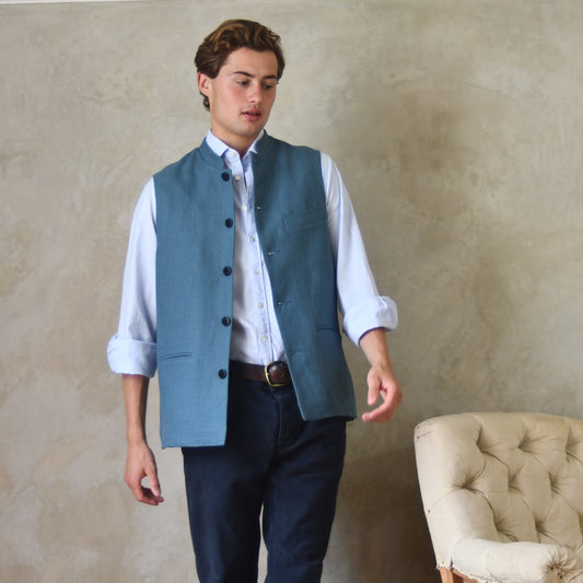 Tailored Waistcoat in Seafoam Mid-Weight Irish Linen