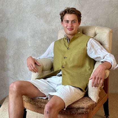 Tailored Cut Waistcoat in Sepal Green Silk Matka