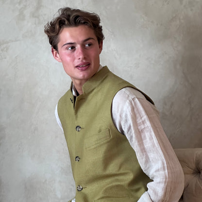 Tailored Cut Waistcoat in Sepal Green Silk Matka