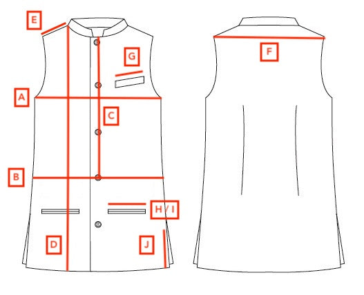 Detailed Size Chart for Bespoke Tailored Cut Nehru Gilet with Nehru Collar. Pattern Sketch. Made by Hand in London.