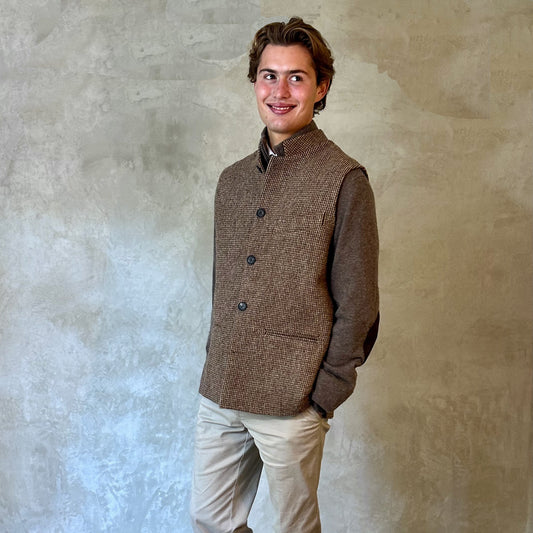 Tailored Cut Waistcoat in Small Brown Check Lovat Tweed