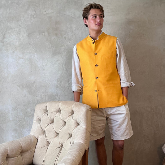 Tailored Cut Waistcoat in Sunflower Yellow Silk Matka