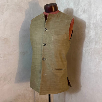 38" Classic Cut Waistcoat in Khaki Silk Matka