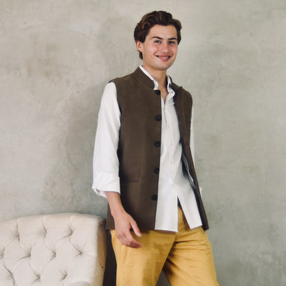 Tailored Cut Waistcoat in Khaki Moleskin