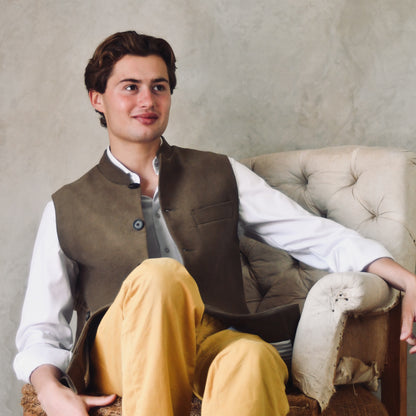 Tailored Cut Waistcoat in Khaki Moleskin