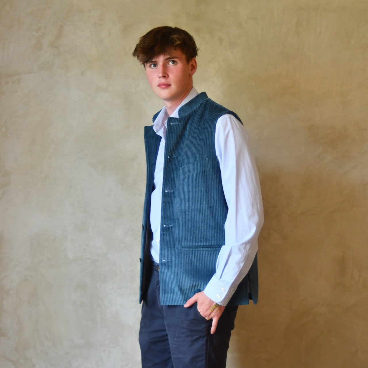 Loose Fit Nehru Style Gilet in Teal Corduroy. This Bespoke pure cotton corduroy waistcoat is handmade in London.