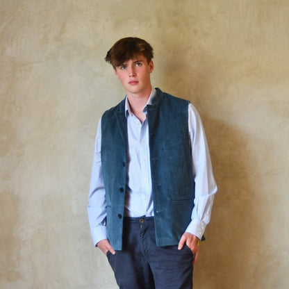 Loose Fit Nehru Style Gilet in Teal Corduroy. This Bespoke pure cotton corduroy waistcoat is handmade in London.