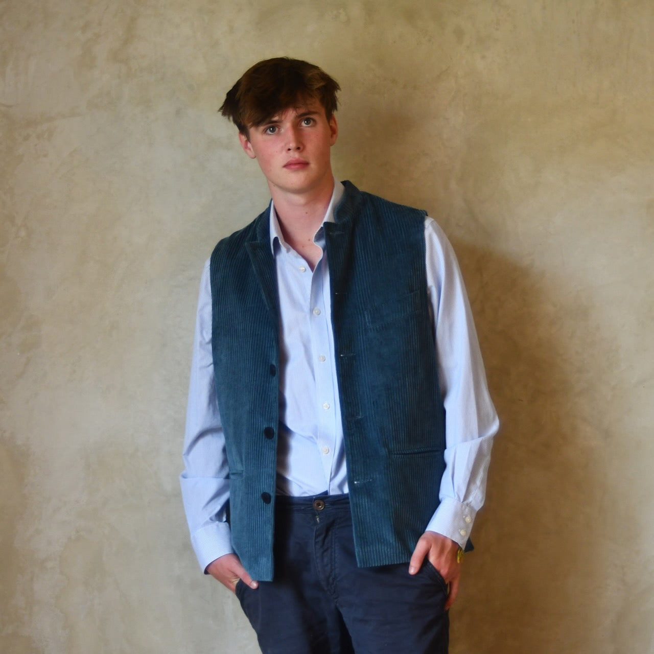 Loose Fit Nehru Style Gilet in Teal Corduroy. This Bespoke pure cotton corduroy waistcoat is handmade in London. 