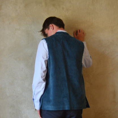 Back vewi of Loose Fit Nehru Style Gilet in Teal Corduroy. This Bespoke pure cotton corduroy waistcoat is handmade in London.
