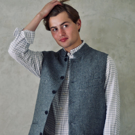 Tailored Cut Waistcoat in Blue Grey Tiger Eye Tweed