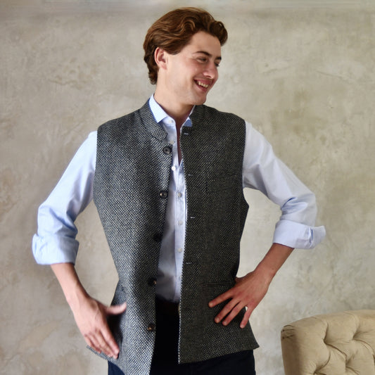 Tailored Cut Waistcoat in Grey Blue Tiger Eye Tweed