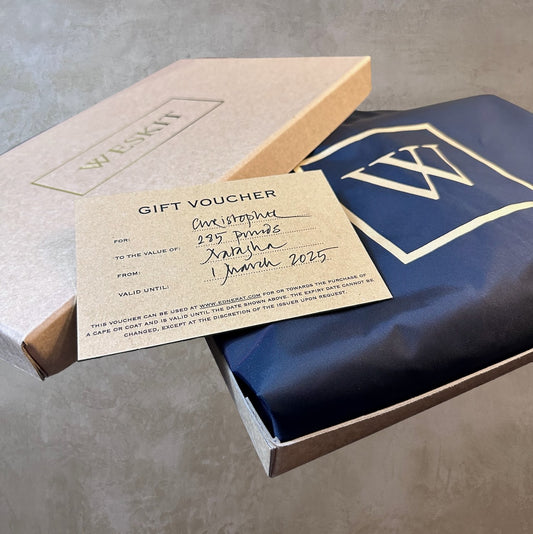 Boxed Gilt Edged Gift Voucher with Weskit Suit cover for Weskit Gilet. Gift Wrapped with tissue and ribbon and shipped in Kraft paper,