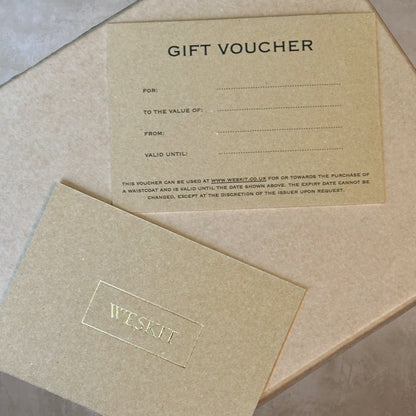 Boxed Gilt Edged Gift Voucher for Weskit Gilet. Gift Wrapped with tissue and ribbon and shipped in Kraft paper,