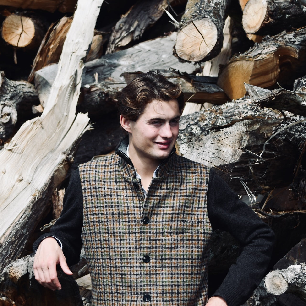 Bespoke Fox Tweed Check Tweed Gilet modelled in Wales. Hand made in London.