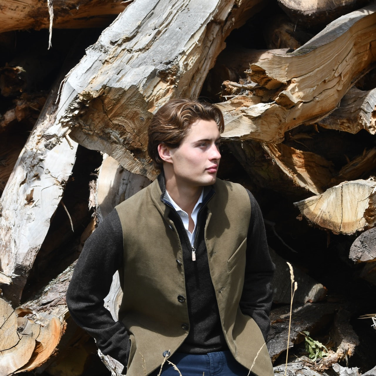 Bespoke Moleskin Gilet modelled in Wales. Hand made in London.