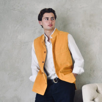 Slim Cut Nehru Gilet in Ochre Coloured Corduroy. The perfect alternative to a jacket, this gilet will keep you warm and smart in winter. Cut, Made and Finished by Hand in London.