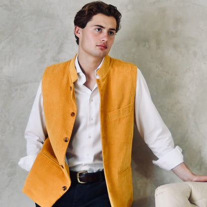 Slim Cut Nehru Gilet in a Rich Ochre Coloured Corduroy. The perfect alternative to a jacket, this gilet will keep you warm and smart in winter. Cut, Made and Finished by Hand in London.