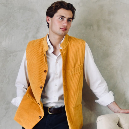 Slim Cut Nehru Gilet in a Rich Ochre Coloured Corduroy. The perfect alternative to a jacket, this gilet will keep you warm and smart in winter. Cut, Made and Finished by Hand in London.