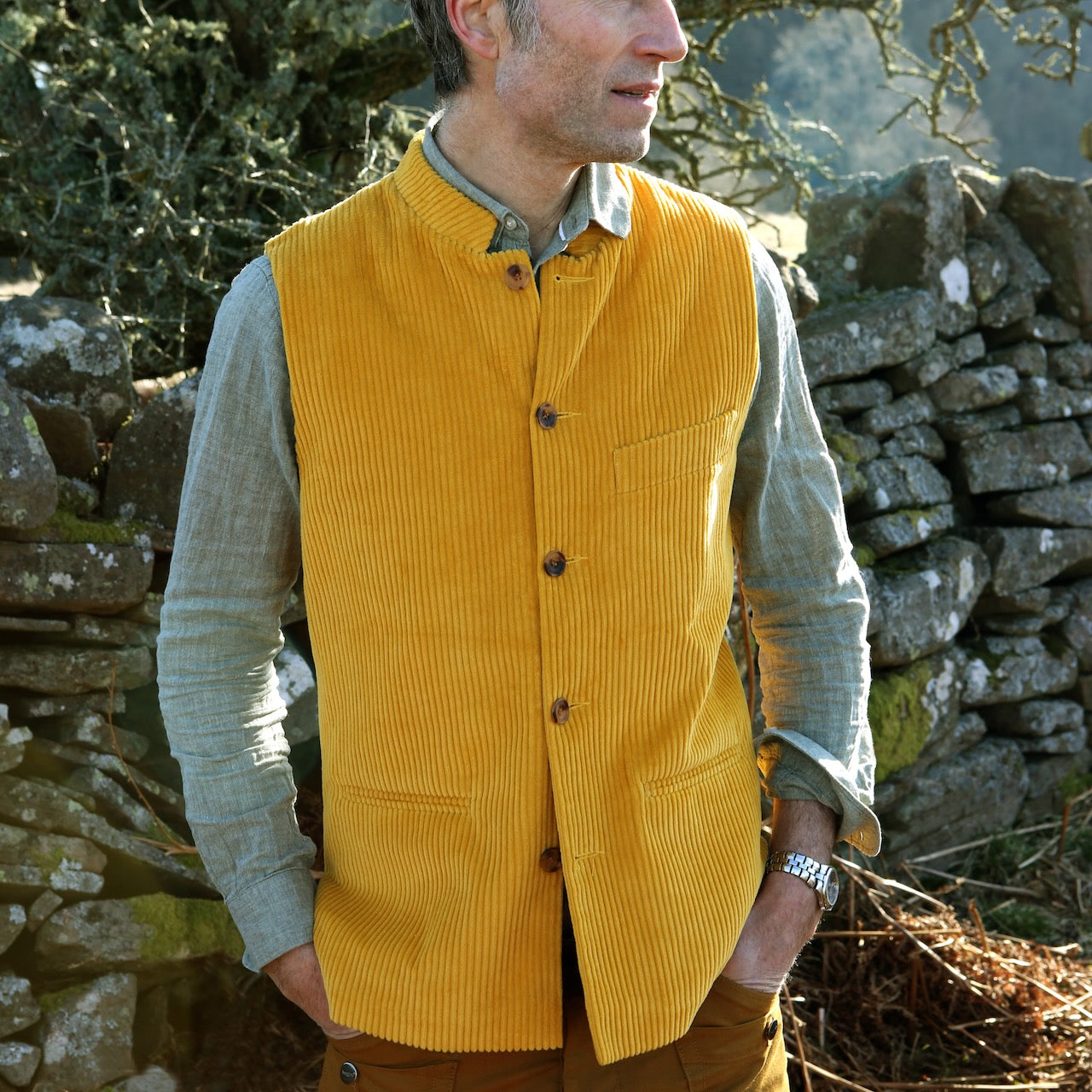 Slim Cut Nehru Gilet in Ochre Coloured Pure Cotton Corduroy. The perfect alternative to a jacket, this gilet will keep you warm and smart in winter. Cut, Made and Finished by Hand in London. 