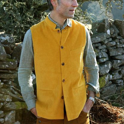 Slim Cut Nehru Gilet in Ochre Coloured Pure Cotton Corduroy. The perfect alternative to a jacket, this gilet will keep you warm and smart in winter. Cut, Made and Finished by Hand in London. 